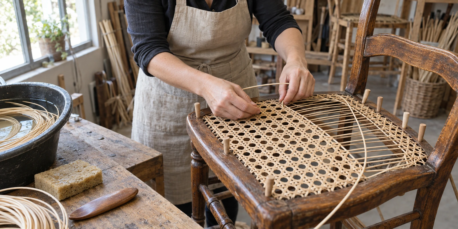 Une personne tresse des brins de cannage sur l’assise d’une chaise en bois, dans un atelier équipé d’outils et de matériaux.